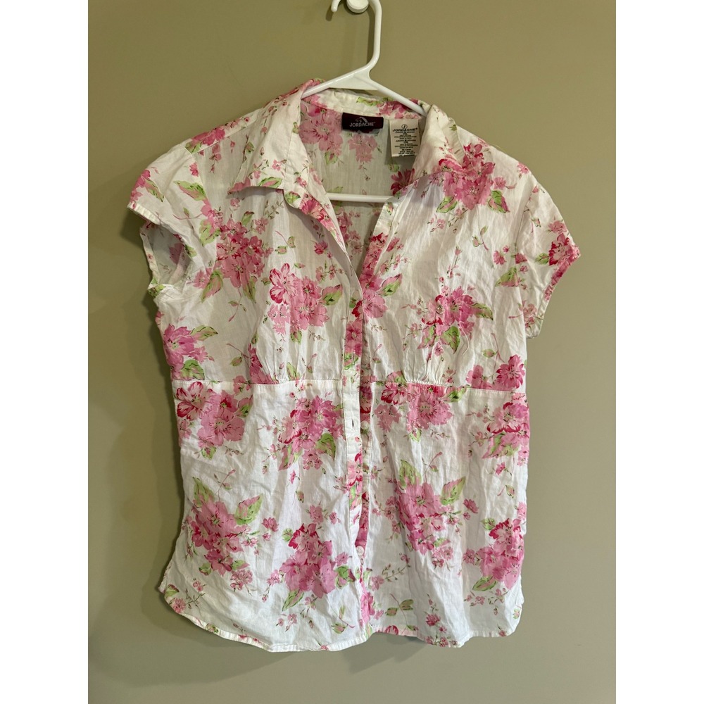 Jordache Womens Pink Floral Cotton Button Down Shirt Cap Sleeve Juniors M